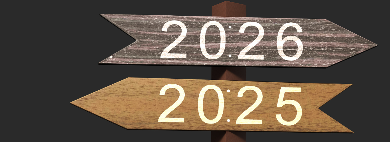 A directional sign with two wooden planks. The top plank is dark gray and reads "2026" pointing right. The bottom plank is light brown and reads "2025" pointing left.