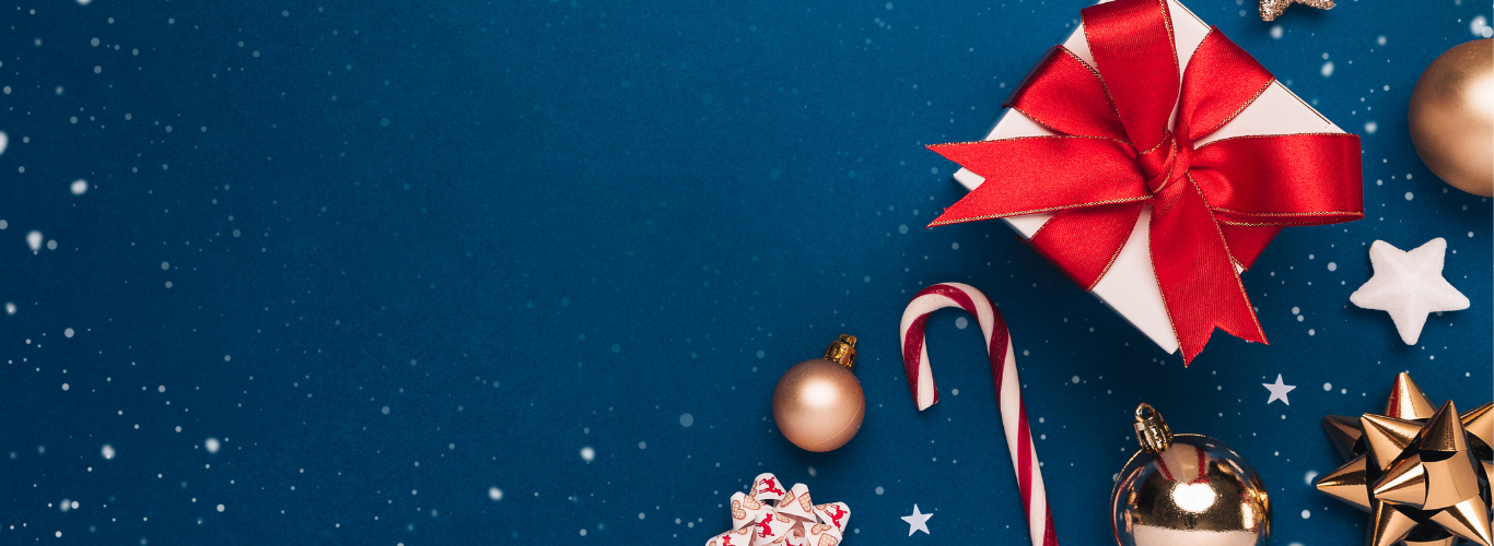 Themed background with a gift, candy cane, and Christmas ornaments